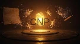 CNP logo glowing on a pedestal with sparkling particle effects and warm light