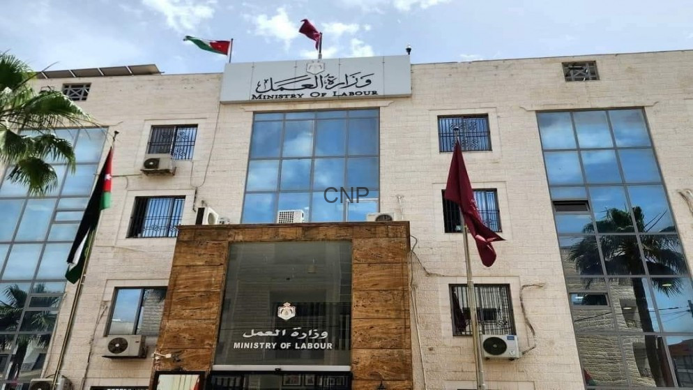 image - Center News Network Front façade of the Ministry of Labour building with Arabic and English signage, flags on flagpoles, and palm trees nearby.