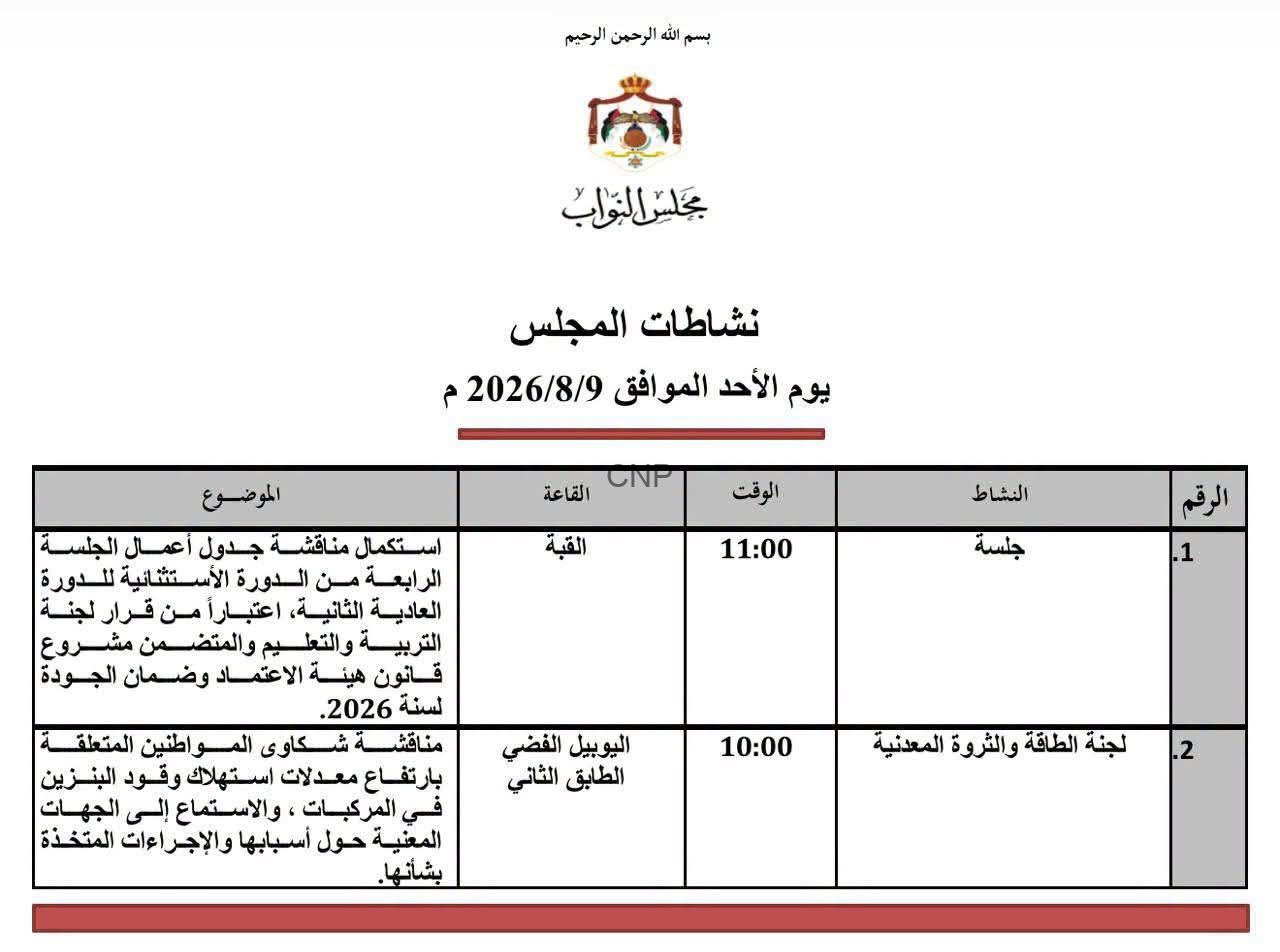 جدول أعمال مجلس النواب الأردني ليوم الأحد 9 أغسطس 2026 مع أنشطة ومواعيد في القاعة